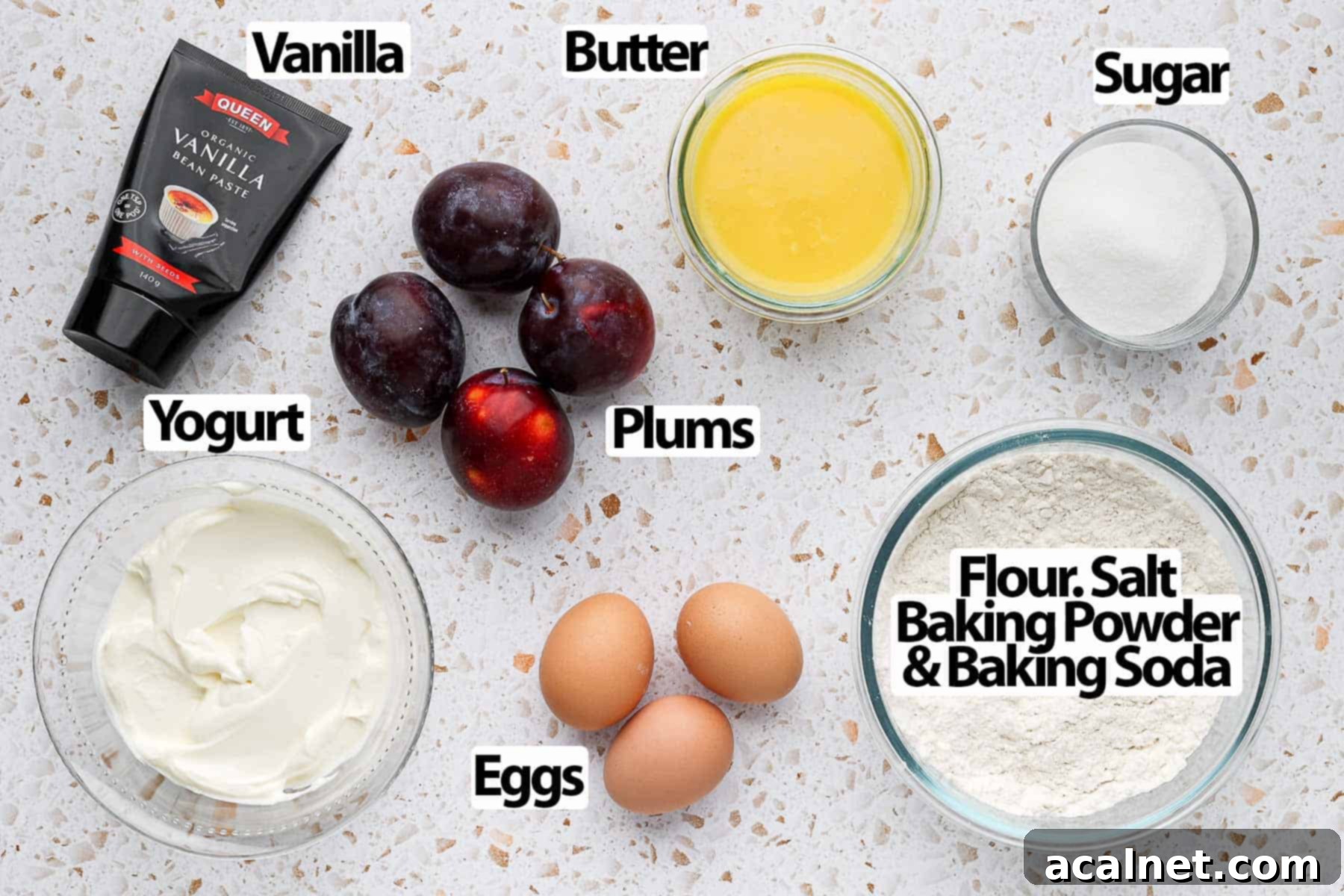 A flat lay of fresh ingredients for baking yogurt plum cake, including plums, eggs, sugar, yogurt, flour, butter, and vanilla, arranged on a white surface.