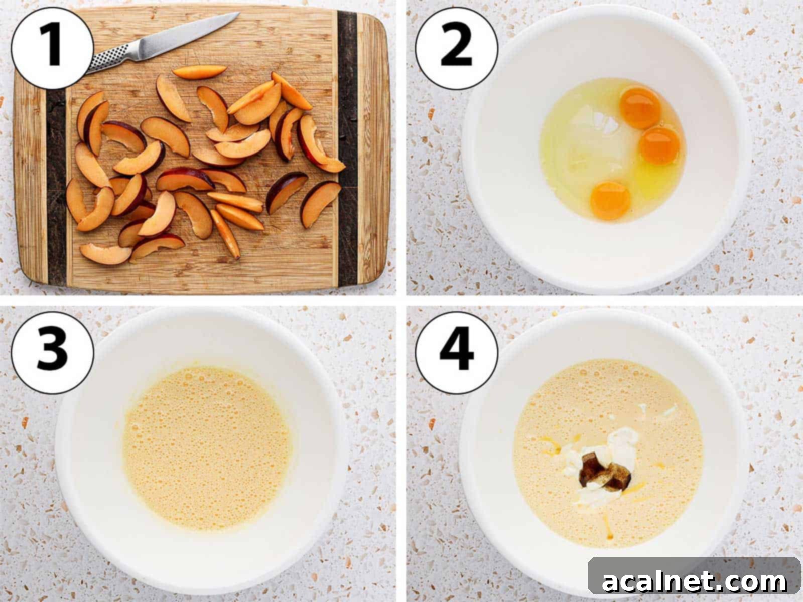 A process shot collage showing plums being sliced and wet ingredients (eggs, sugar, yogurt, butter, vanilla) being mixed in a bowl for the plum yogurt cake.