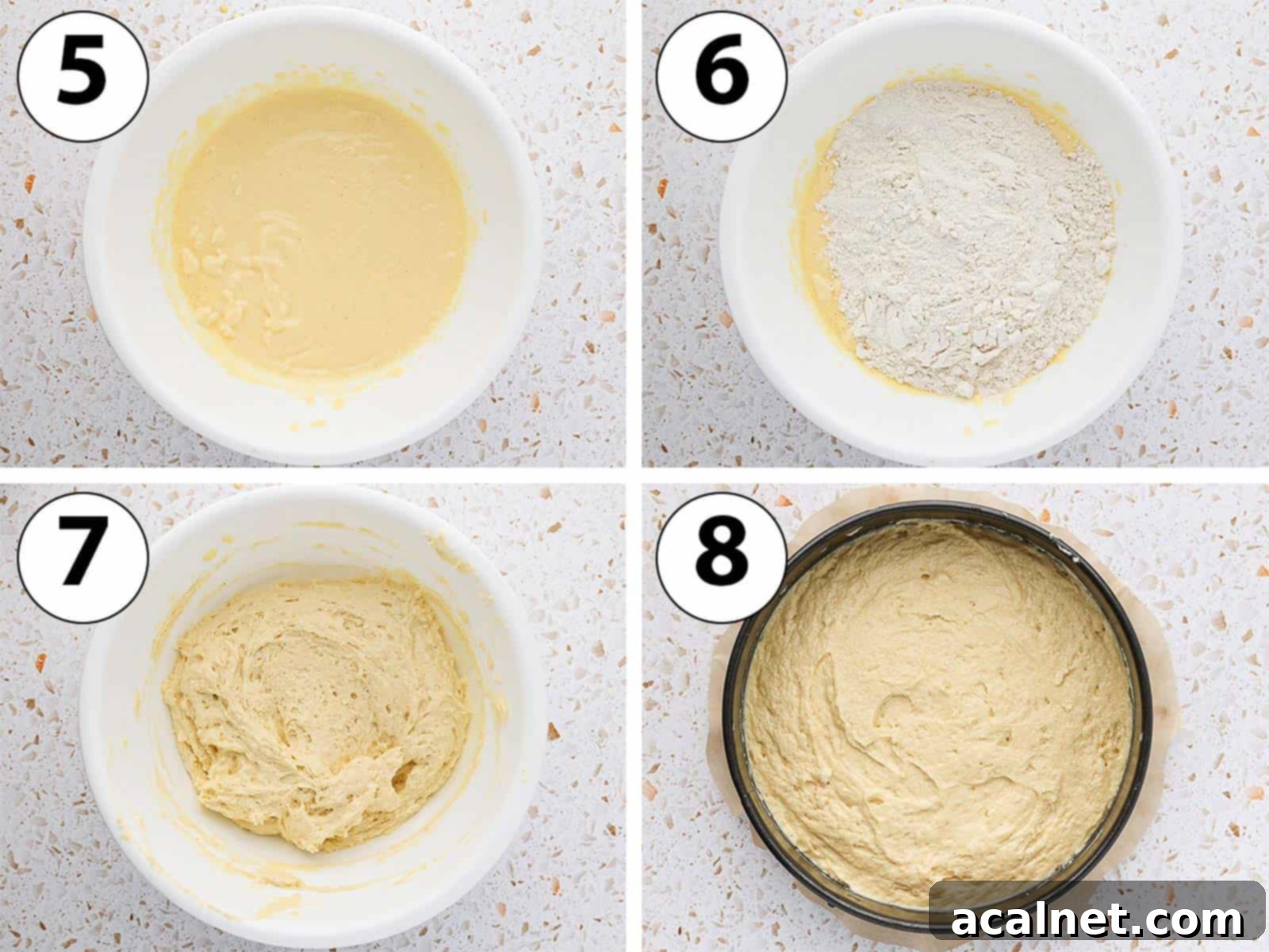 A process shot collage showing dry ingredients being added to the wet batter and the plum yogurt cake batter being poured into a springform pan.