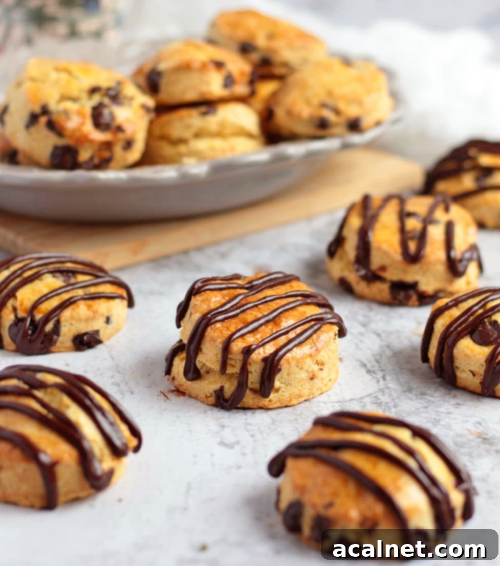Chocolate Chip Scones topped with a chocolate ganache drizzle on a grey surface - delicious scones for breakfast