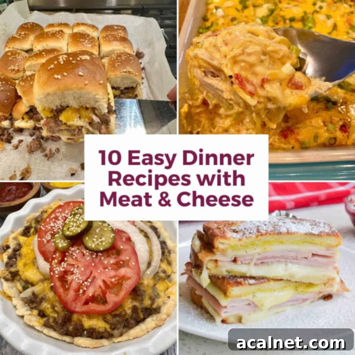 Photos showing various delicious recipes that prominently feature meat and cheese, showcasing comfort food.