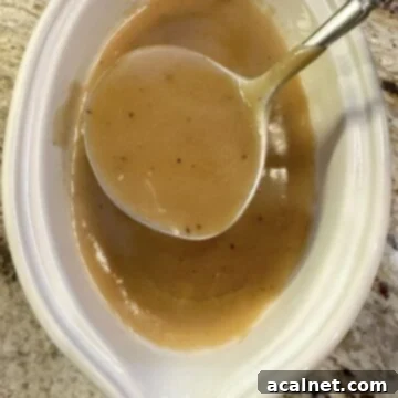 A gravy spoon in a serving bowl of rich, homemade gravy.