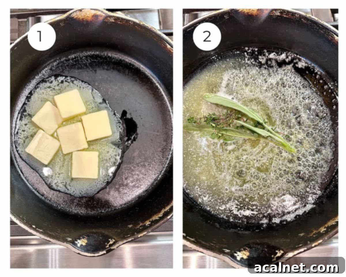 Melted butter bubbling in a skillet with fresh sage and thyme sprigs.