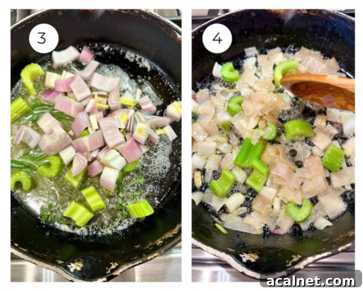 Diced shallots and celery simmering in melted butter with herbs in a skillet.