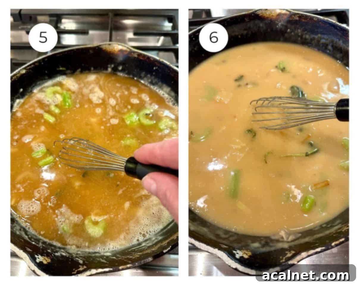 Broth being slowly added to a roux in a skillet, thickening as it's whisked.