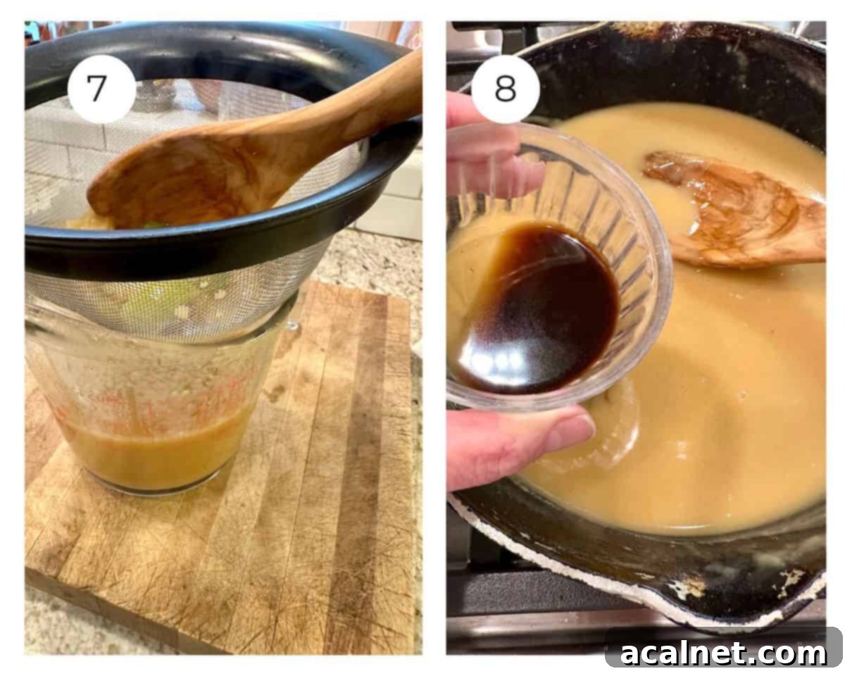 Thickened gravy being poured through a strainer into a measuring cup, with the skillet of gravy in the background.