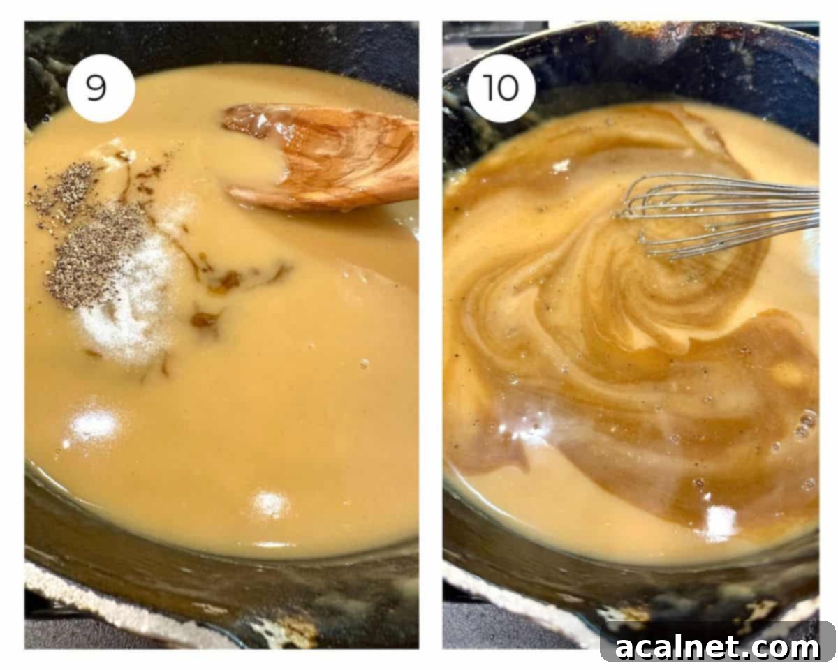 Gravy simmering in a skillet with salt and pepper being added from shakers.