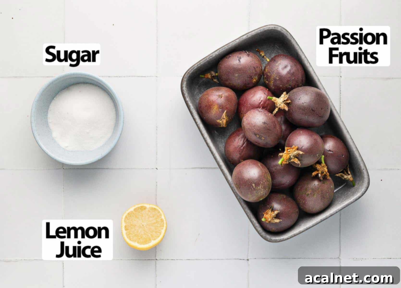 Effortless Passion Fruit Coulis 3 Ingredients for passion fruit coulis laid out on a white tiled surface.