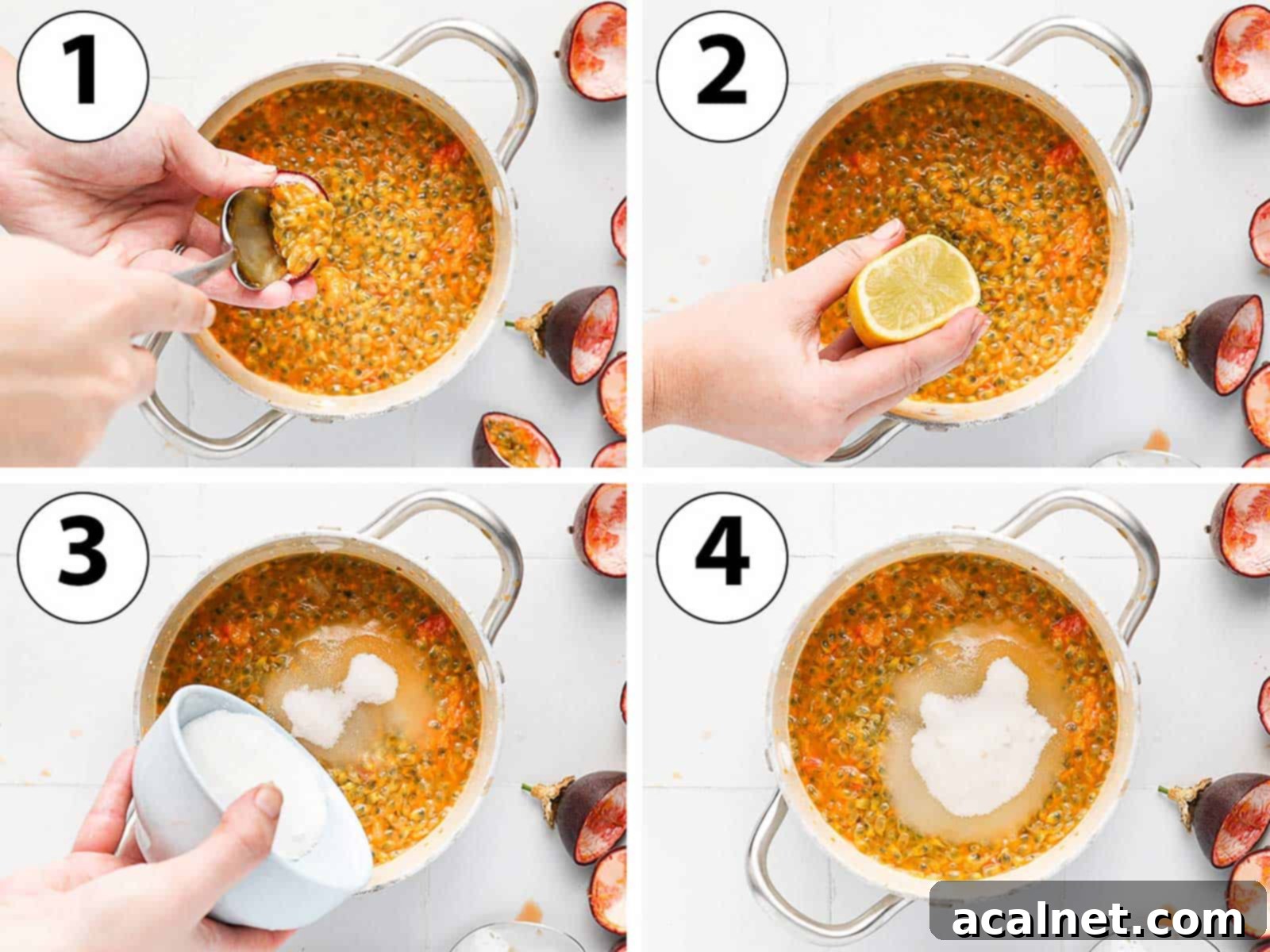 Effortless Passion Fruit Coulis 4 Process Shot Collage: placing the passion fruit pulp, lemon juice, and sugar in a small saucepan.