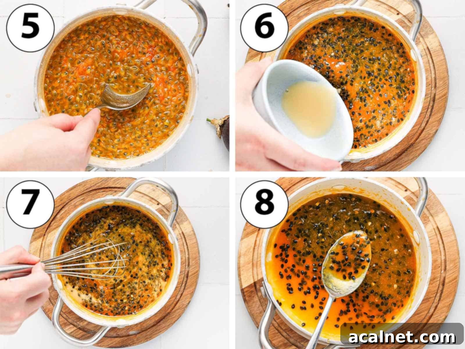 Effortless Passion Fruit Coulis 5 Process Shot Collage: cooking the coulis and thickening it with cornstarch.