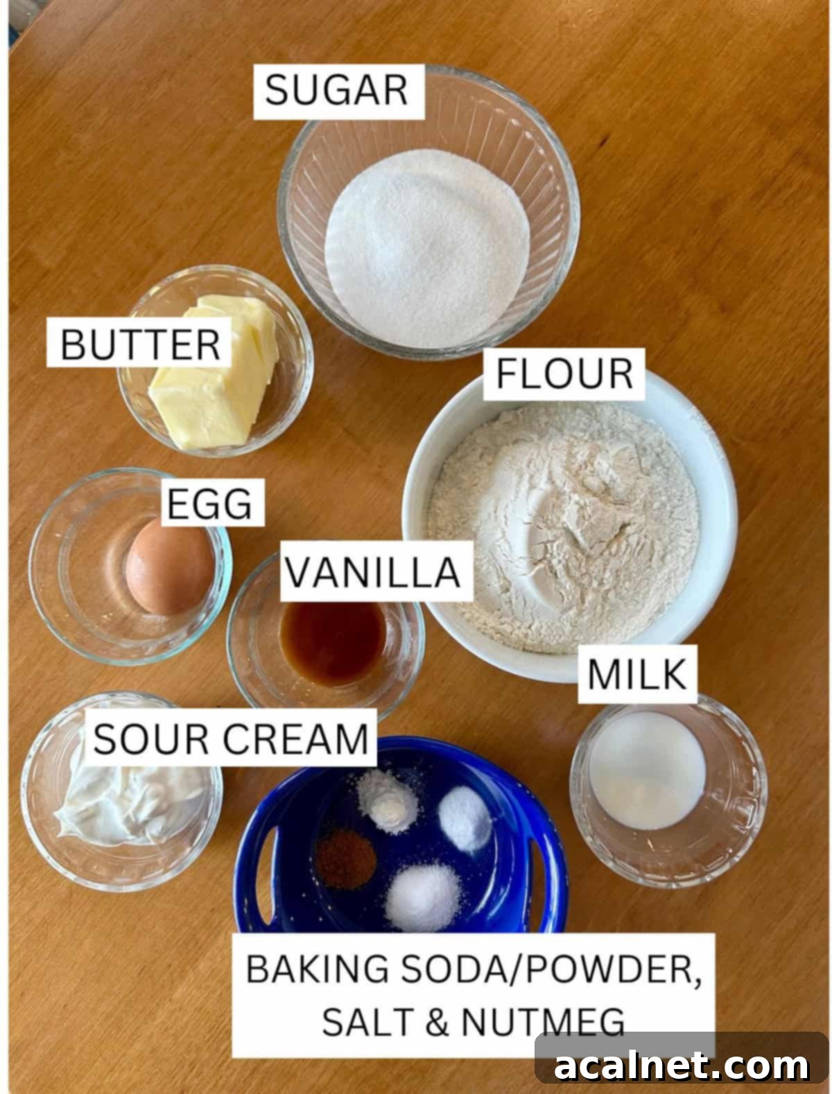Ingredients for sour cream cookies with labels.