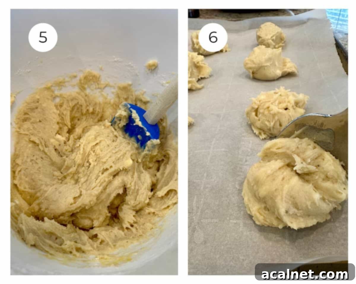 Sour cream cookie dough in a bowl and on a baking sheet.
