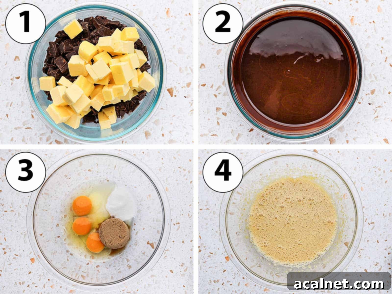 Process Shot Collage: melting the butter and chocolate, and whisking together the sugars and eggs.