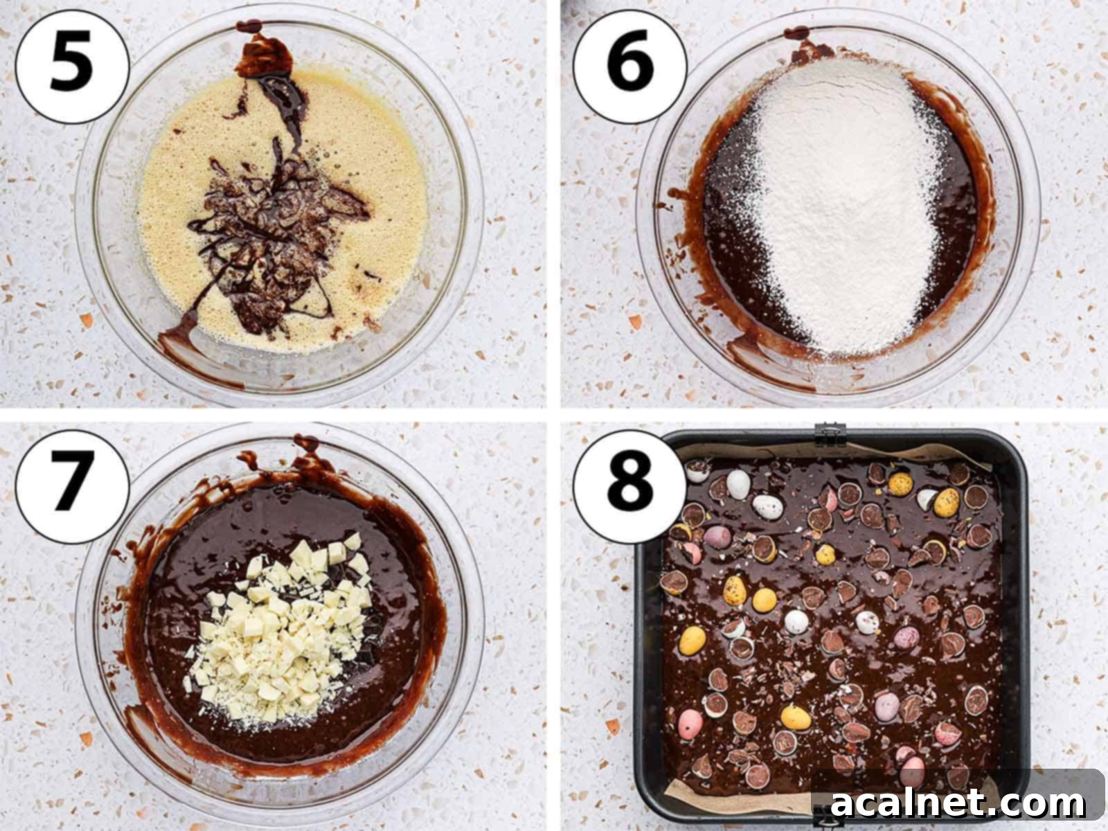Process Shot Collage: mixing the two liquid batters, adding the flour and chunks then topping with mini eggs.