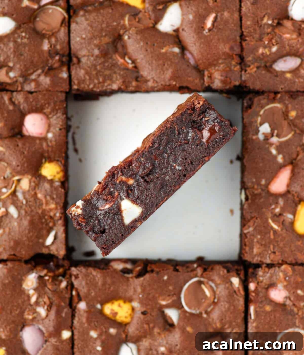 Close up on a slice of brownie standing on its side seen from above.