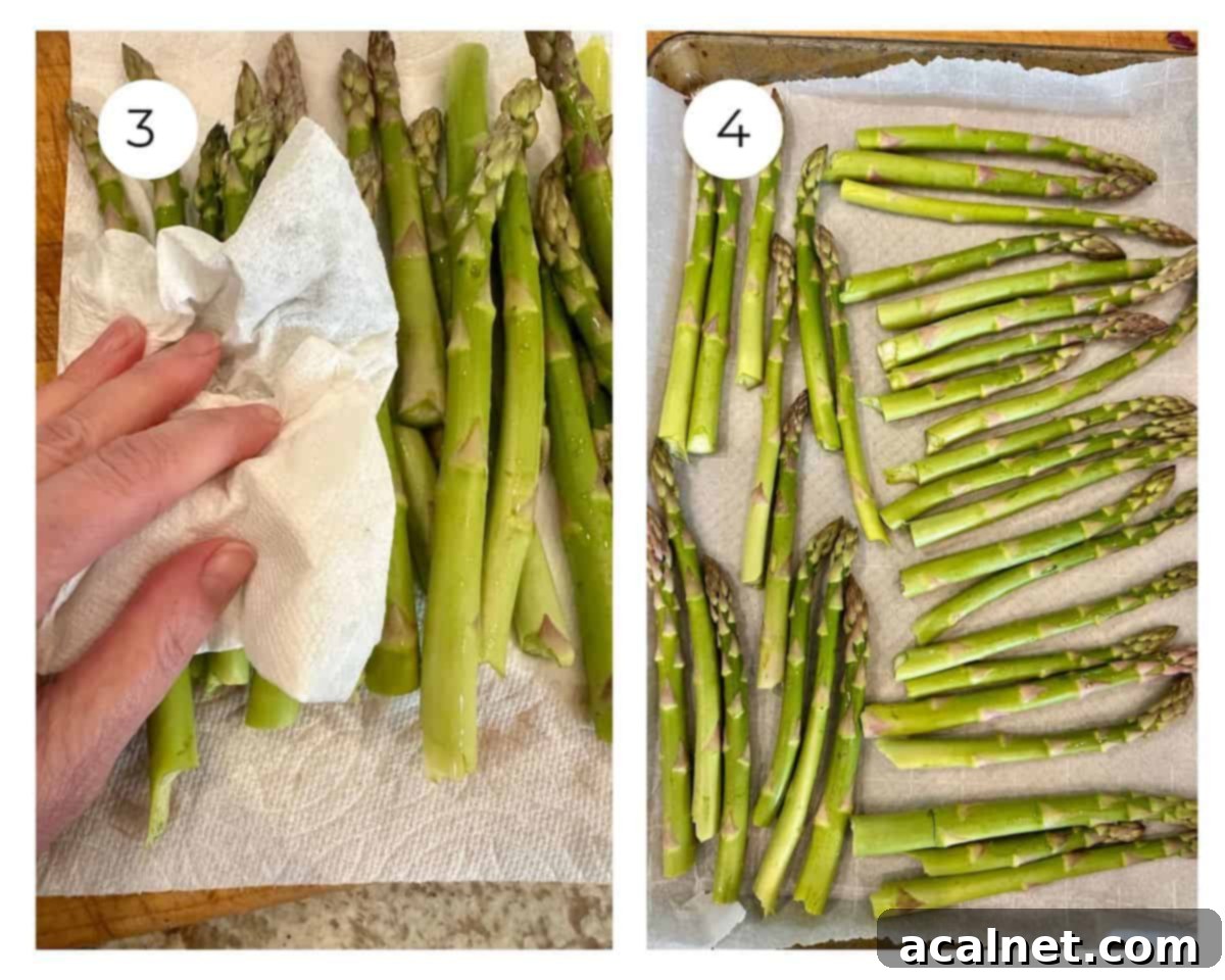 Two images side-by-side: one showing asparagus being patted dry with a paper towel, and the other showing trimmed asparagus stalks arranged in a single layer on a parchment-lined baking sheet.
