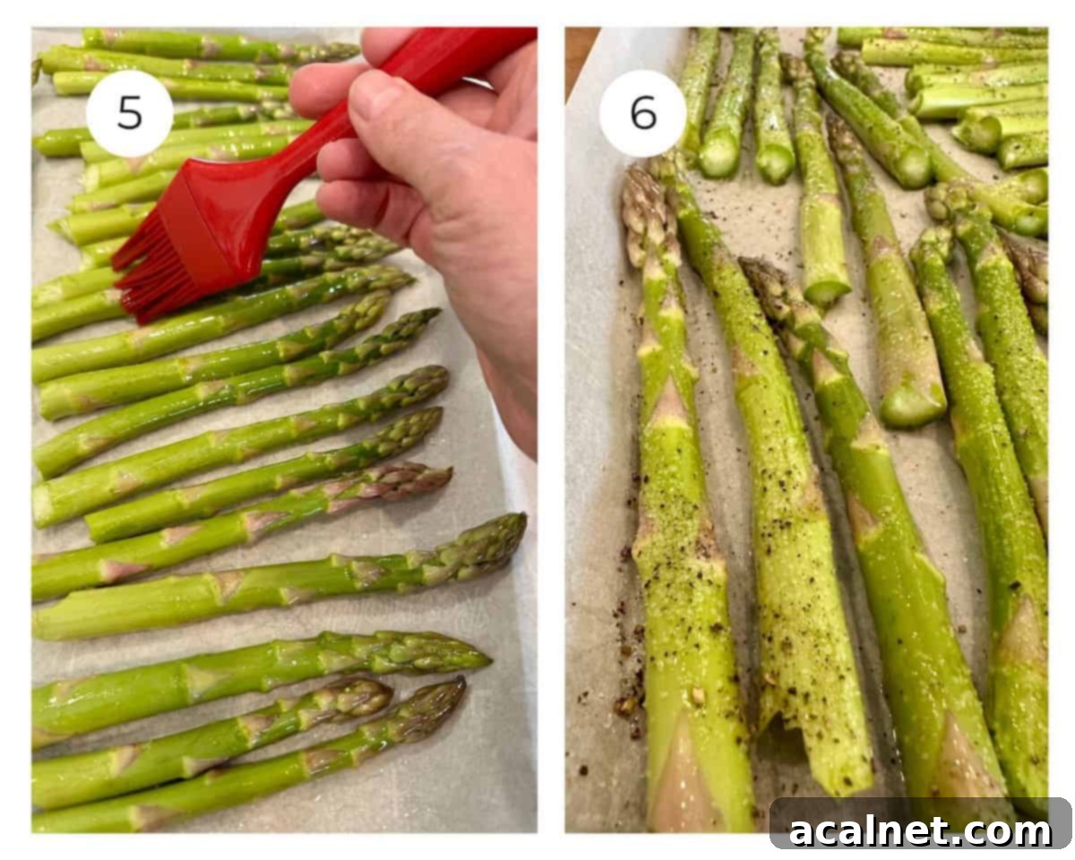 Two images side-by-side: one showing olive oil being brushed onto asparagus spears on a baking sheet, and the other showing the oiled asparagus seasoned with salt and freshly ground black pepper.
