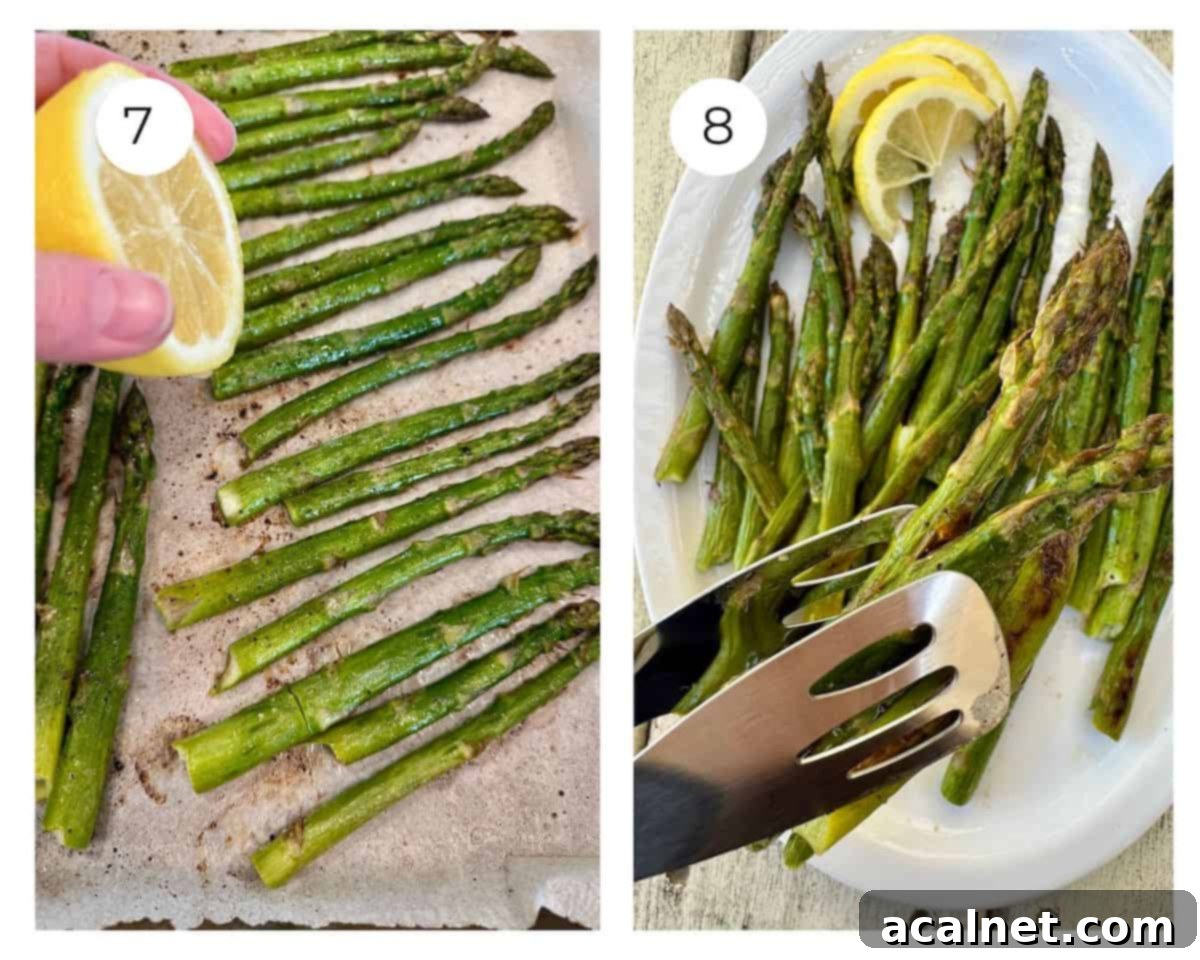 Two images side-by-side: one showing freshly roasted asparagus on a baking sheet with lemon juice being squeezed over it, and the other showing the finished asparagus arranged on a serving platter.