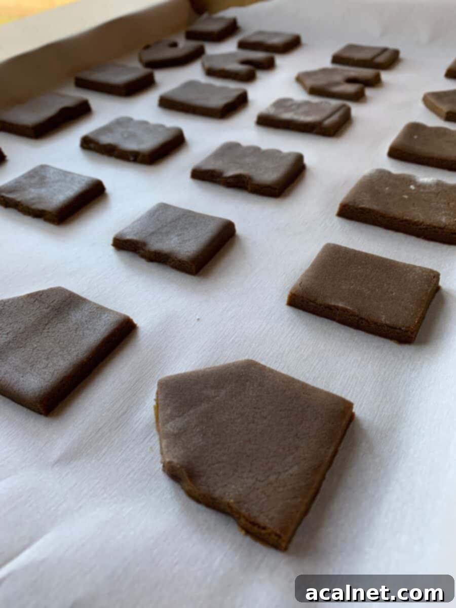 Portions of the mini-gingerbread house on a baking sheet, ready to bake.