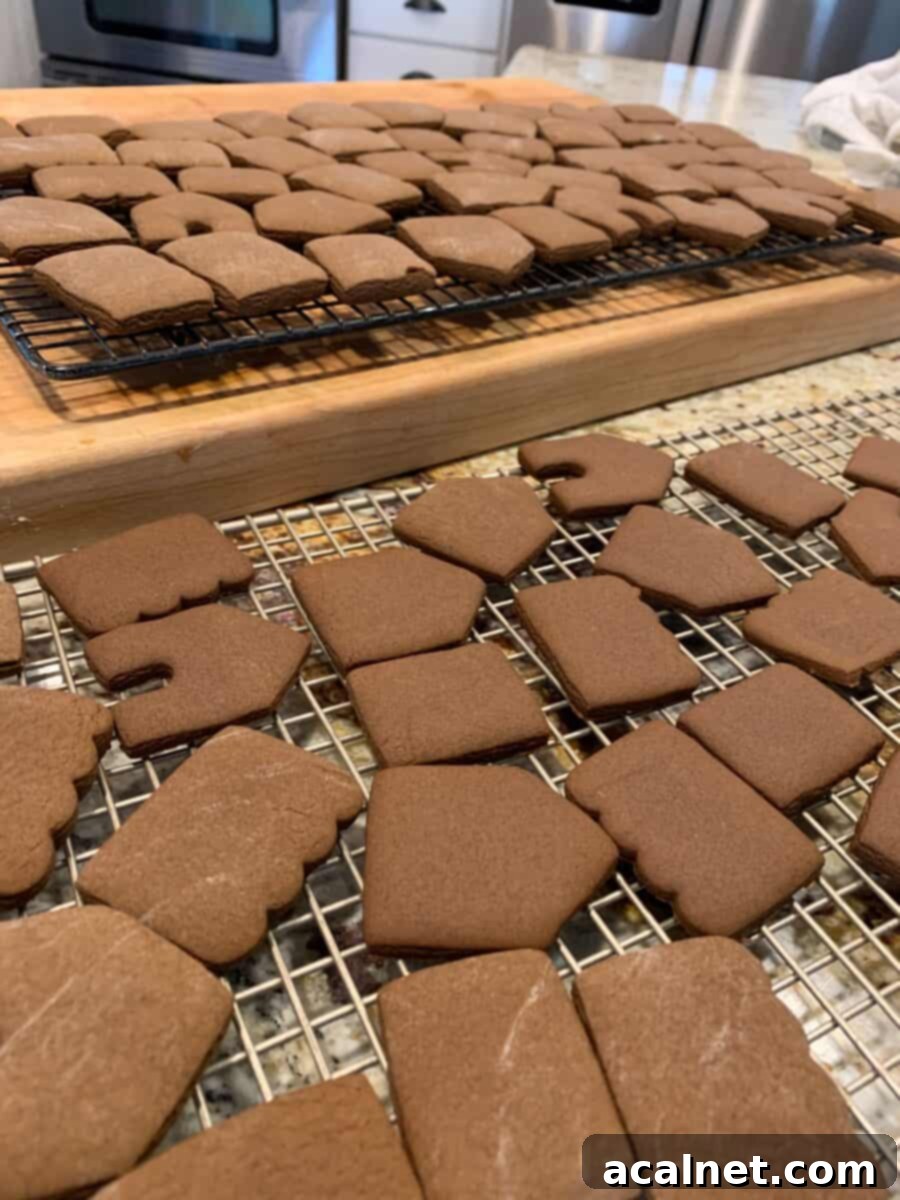 Baked portions of the mini-gingerbread houses, out of the oven.