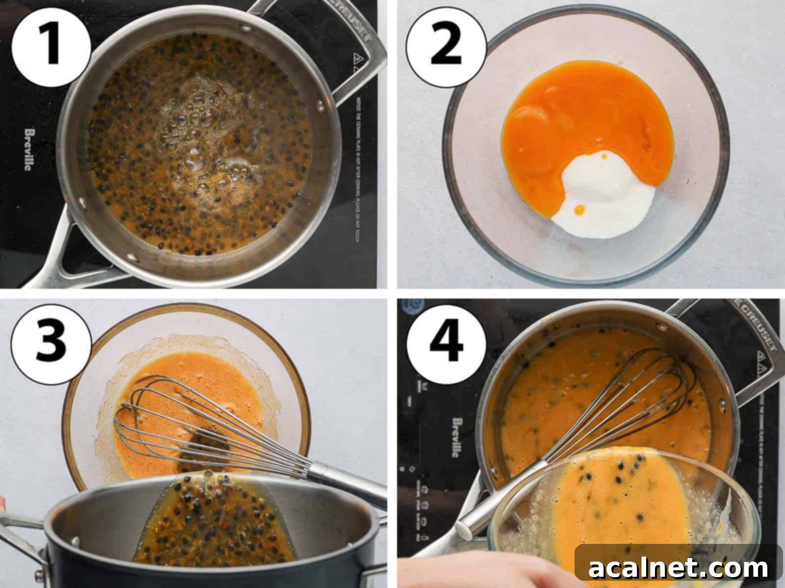 A collage of process shots showing the initial steps of making passion fruit curd: combining fruit, whisking eggs and sugar, and tempering the mixture.