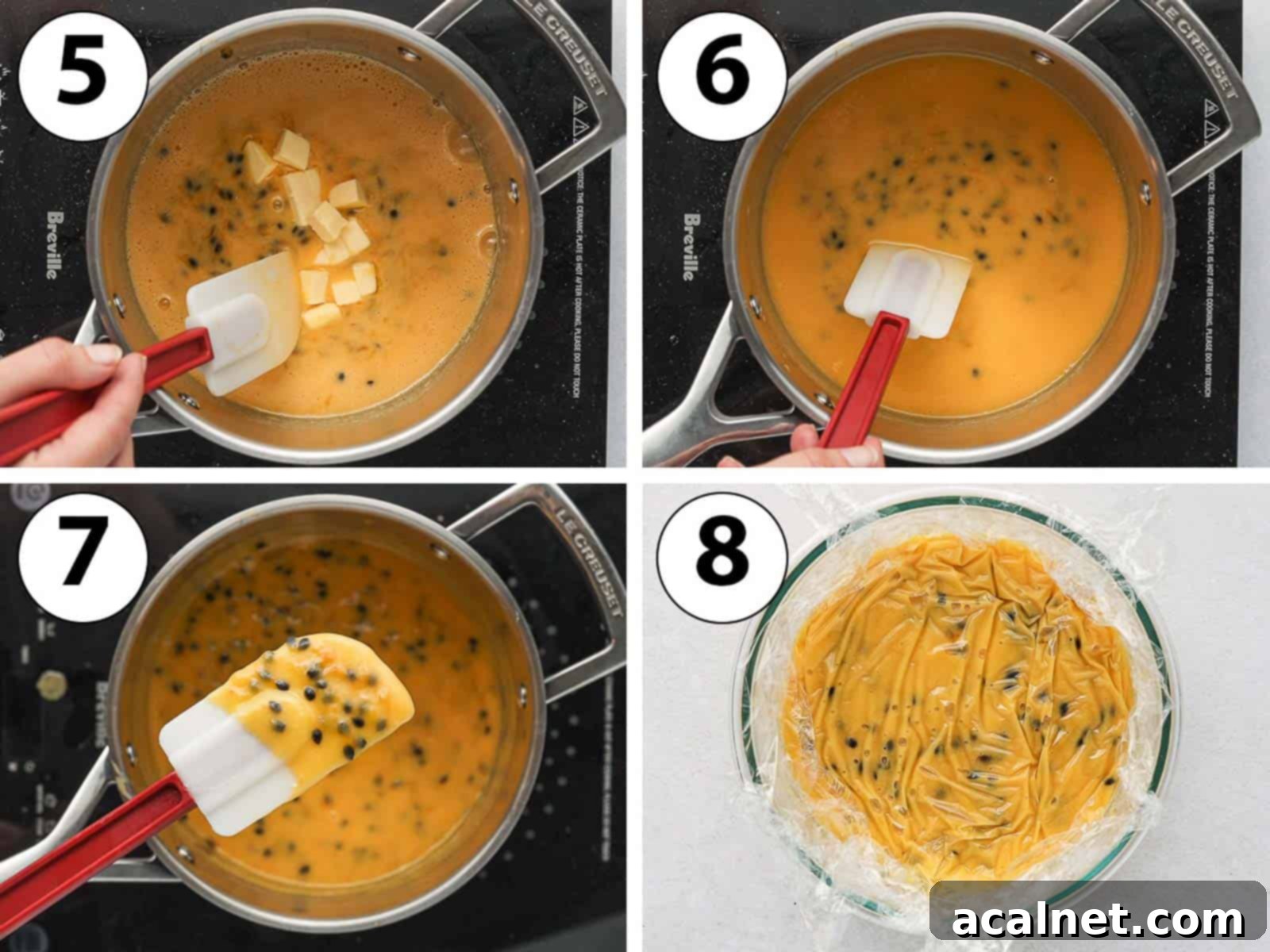A collage of process shots showing the middle to final steps of making passion fruit curd: adding butter and continuously stirring until thickened.