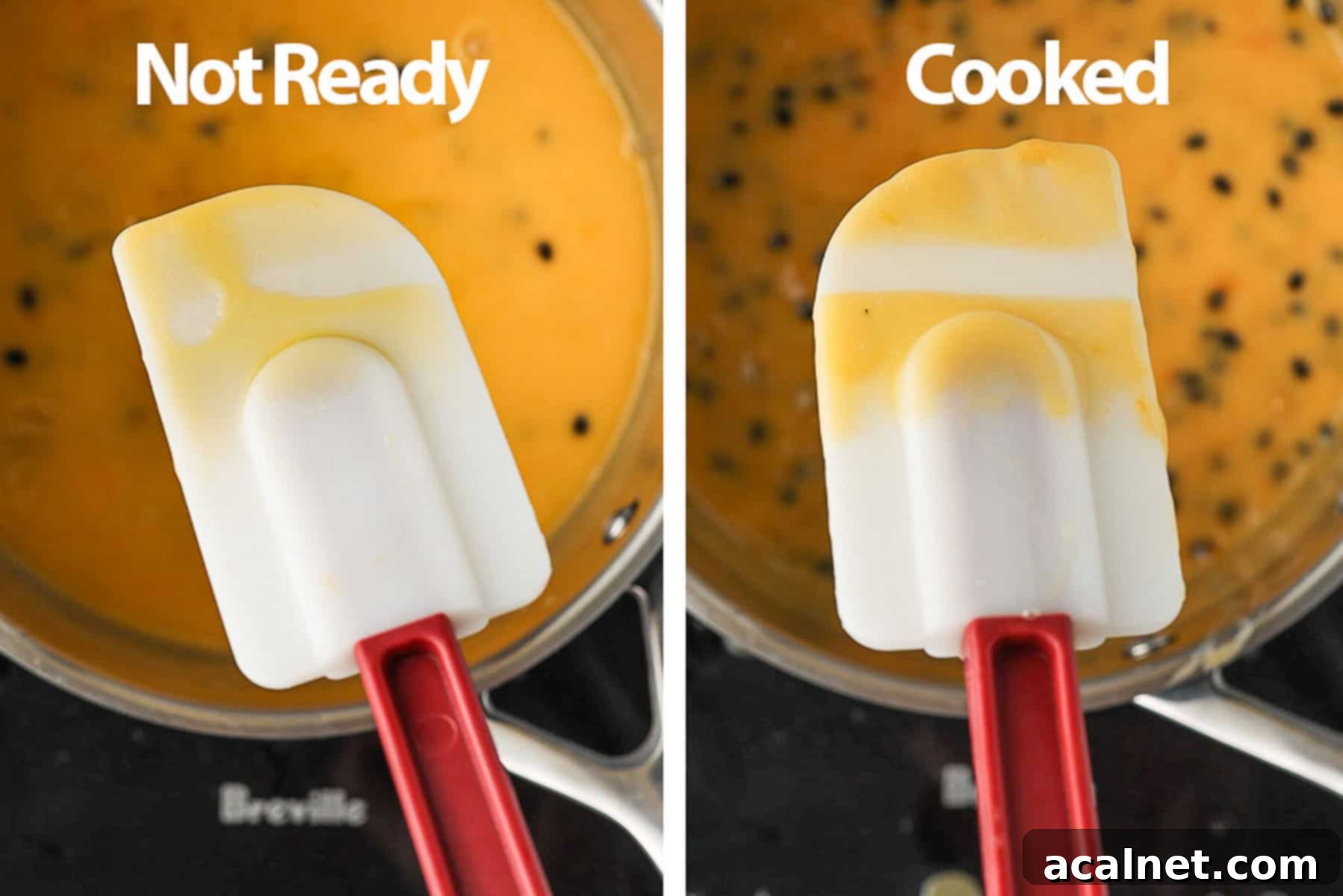 A close-up of the spoon test, showing a clear line drawn across the back of a spatula coated with thickened passion fruit curd, indicating it's done.