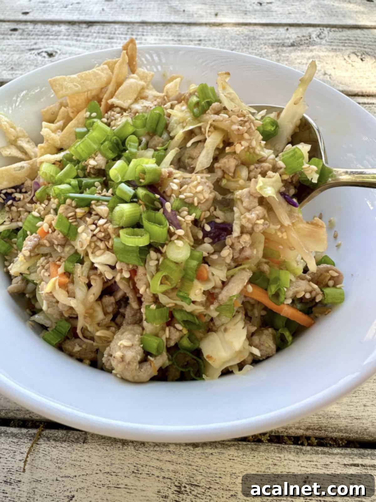 A spoon scooping up a serving of spring roll in a bowl, showcasing the colorful ingredients.