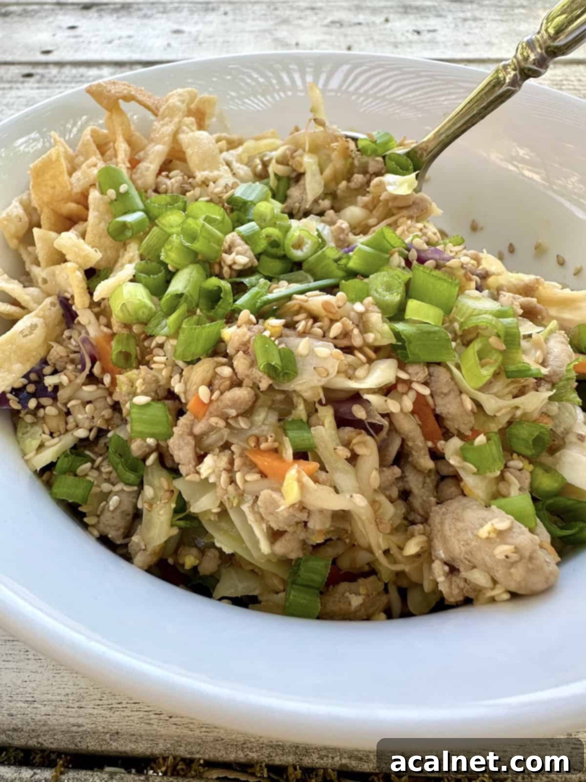 A serving of spring roll in a bowl with a spoon dishing up a scoop, showing off the fresh ingredients.