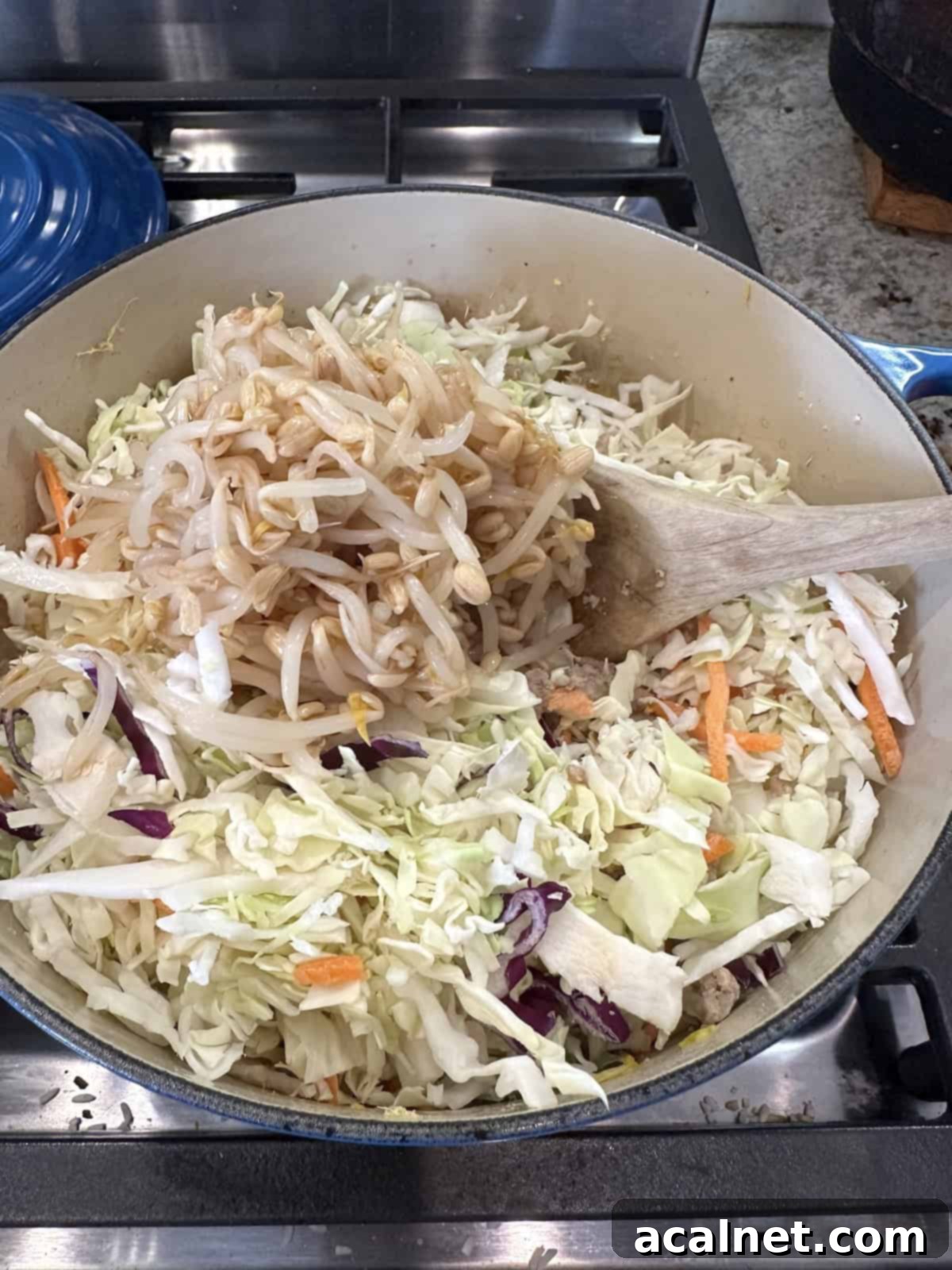 Bean sprouts and cabbage mix added to a pan of ground turkey on the stove, ready to be combined.