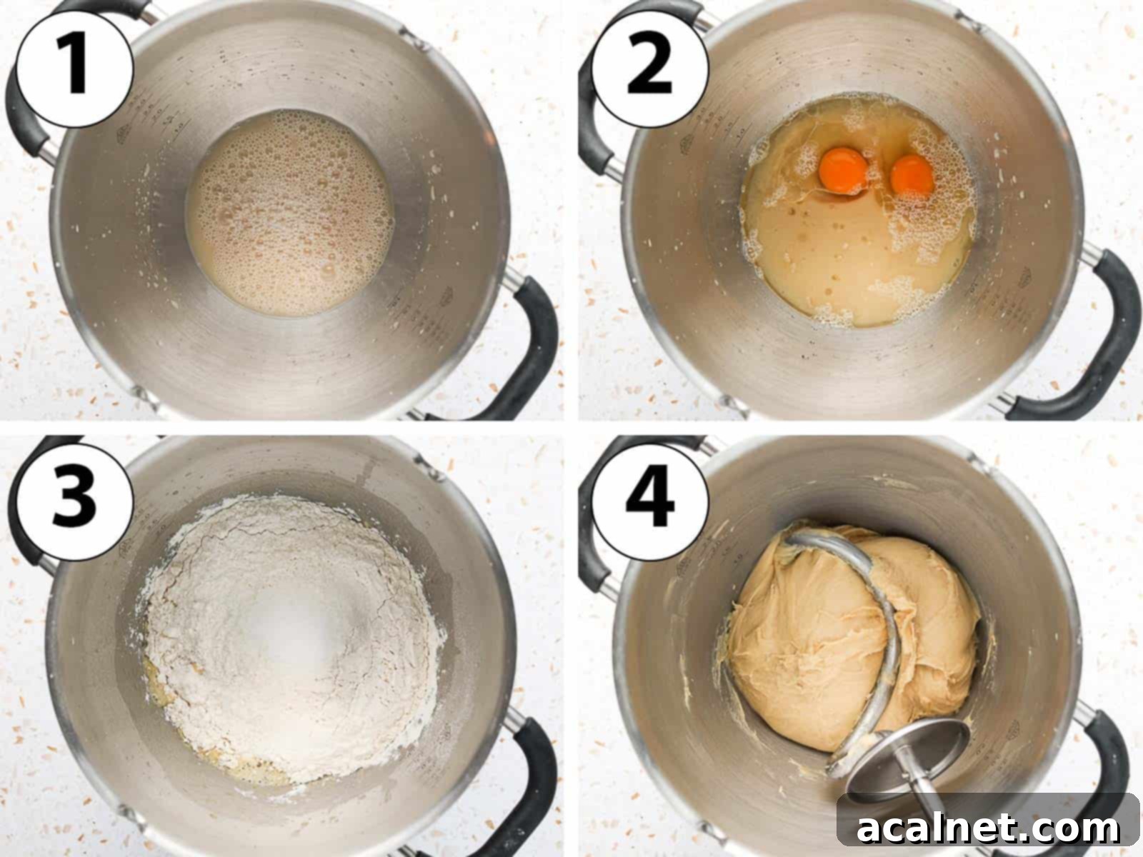 A four-panel collage showing the process of mixing challah dough: 1) yeast blooming in water, 2) wet ingredients combined, 3) dry ingredients added, 4) dough being kneaded in a stand mixer.