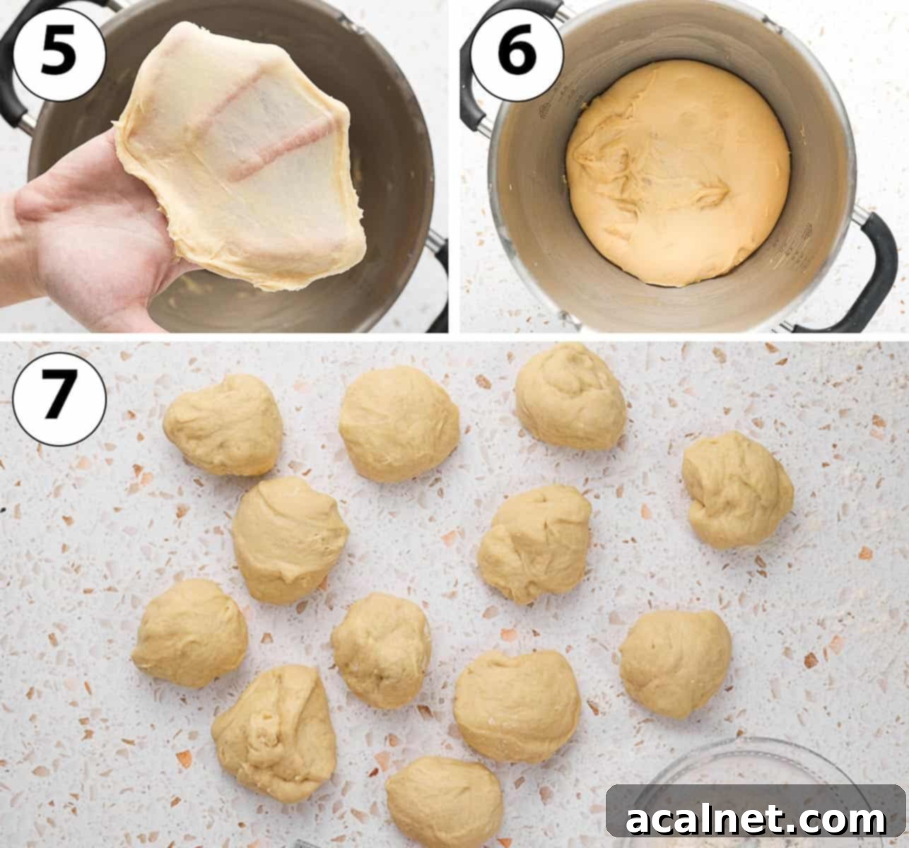 A three-panel collage showing challah dough: 1) kneaded dough passing the windowpane test, 2) dough rising (proofing) in a bowl, 3) risen dough divided into 12 pieces using a bench scraper.