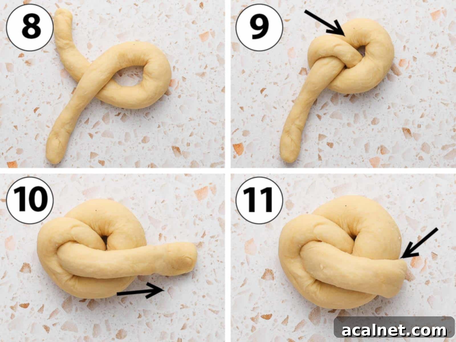 A four-panel collage showing the step-by-step process of shaping a challah roll into a knot: 1) forming a loop with the rope, 2) tucking the left end under, 3) pulling the right end over, 4) tucking the right end under to complete the knot.