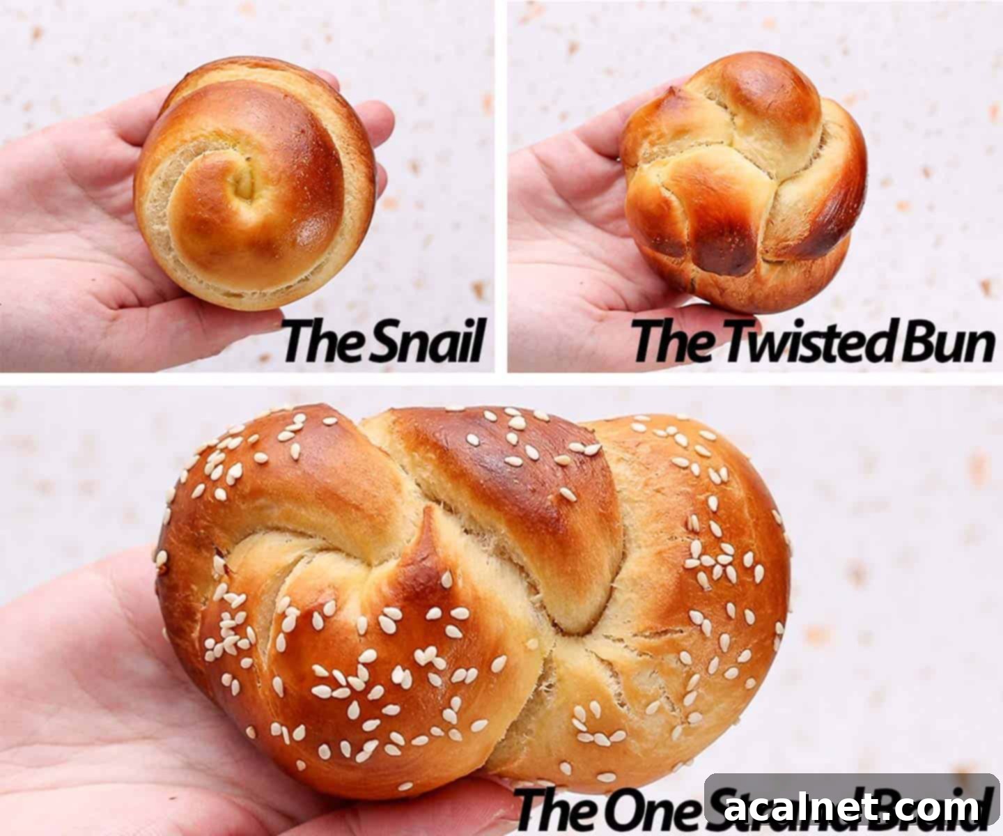 Three different examples of shaped challah rolls: a twisted snail, a twisted bun made from two ropes, and a single-strand braided roll, all resting on a white and pink terrazzo surface.