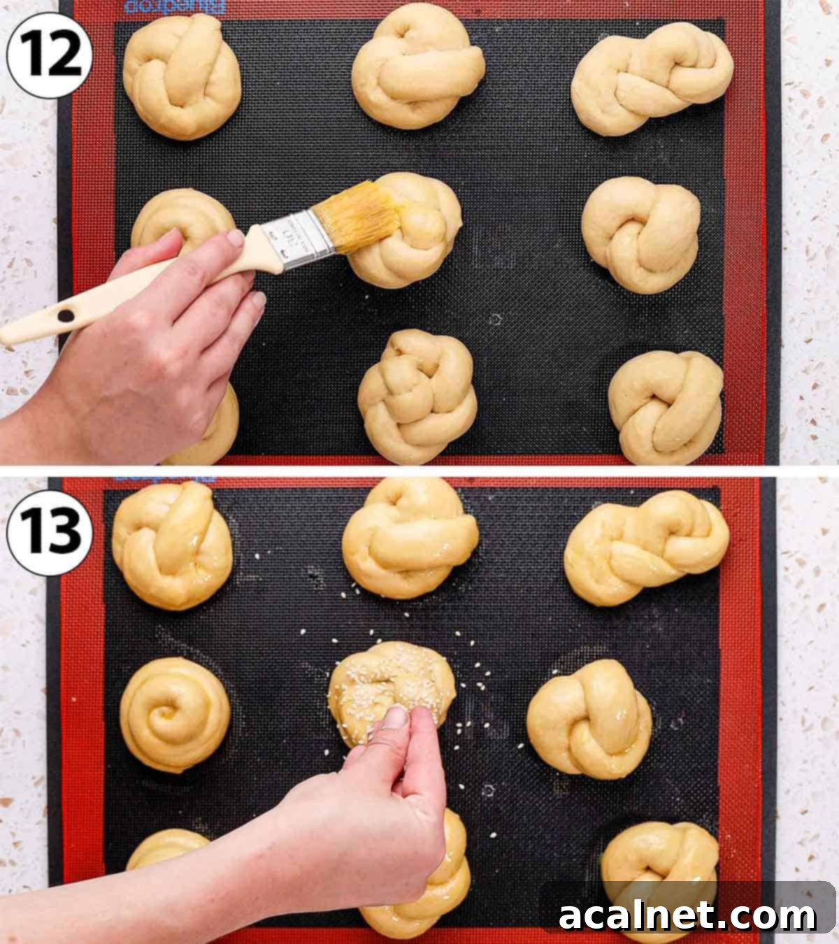 A two-panel collage showing the final steps of preparing challah rolls: 1) brushing the shaped rolls with an egg wash, 2) sprinkling the egg-washed rolls with sesame seeds.