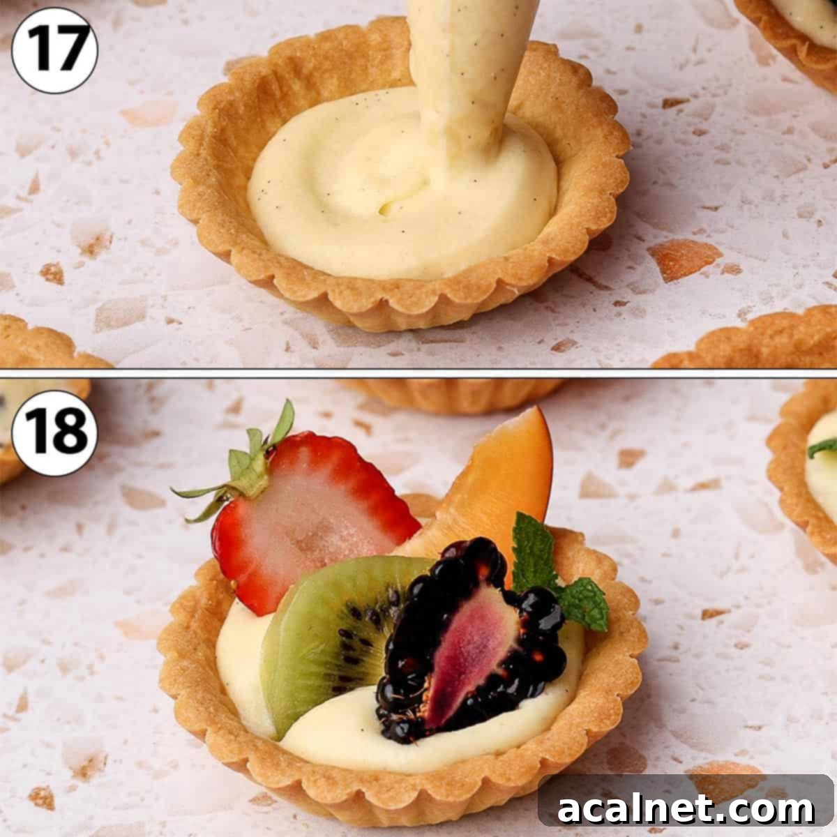 Petite Fruit & Cream Tarts 7 Process Shot Collage: piping pastry cream into shells and topping with various fresh fruits.