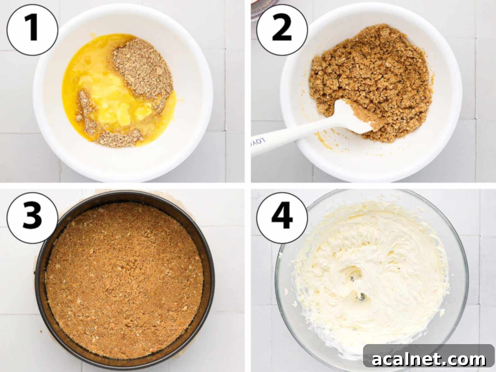 A collage of process shots showing the steps to make a cheesecake crust: crushed biscuits, melted butter being poured over, and the mixture being pressed into a springform pan.