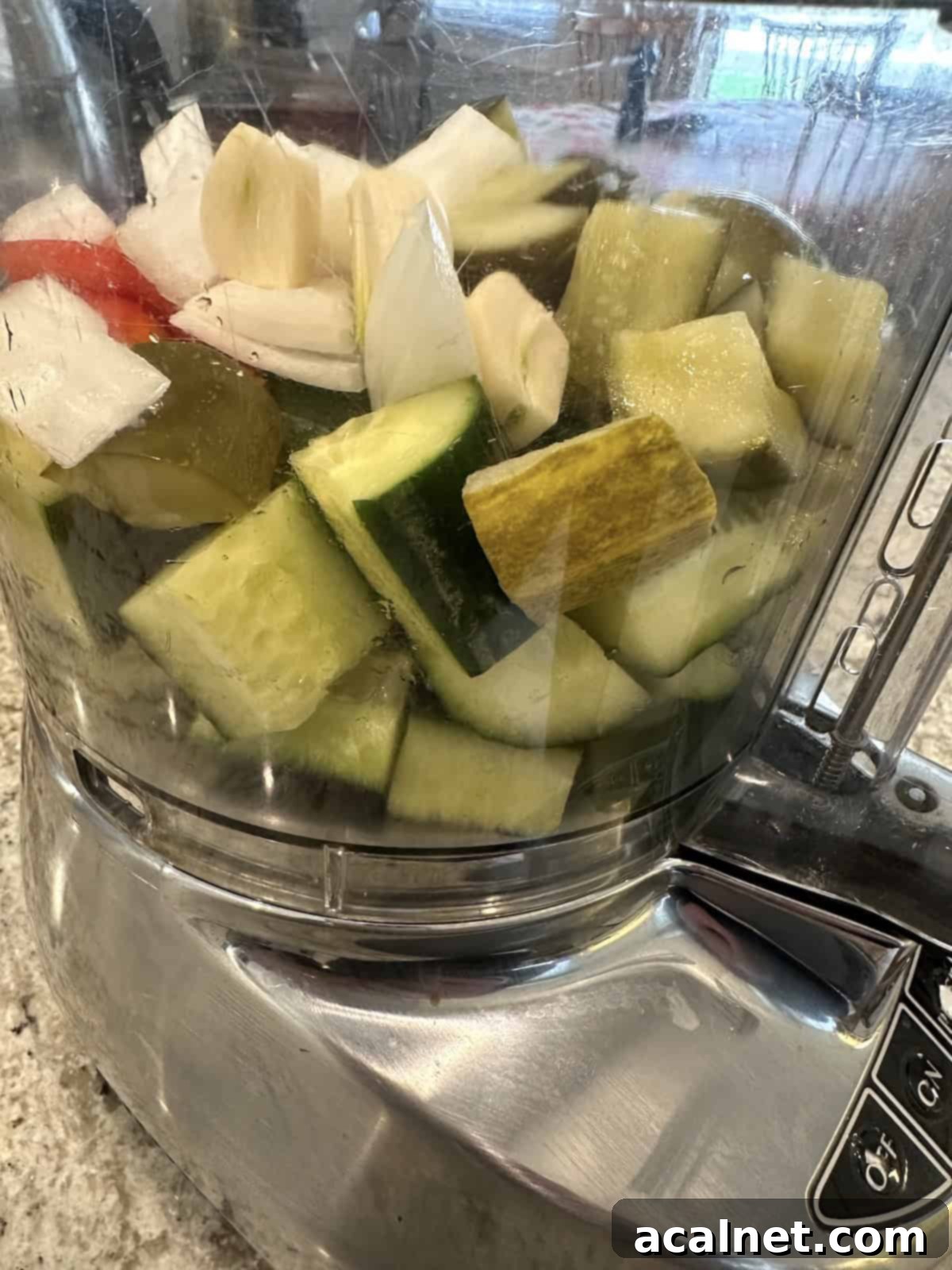 Pickles, cucumbers, onions, and red pepper in the bowl of a food processor with garlic cloves.