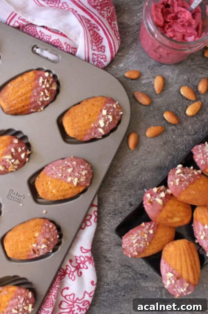 Madeleine in the pan and over a black rectangular plate from above
