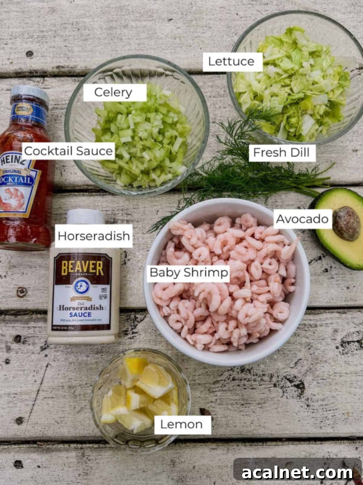 Shrimp Cocktail Shooters 4 Labeled ingredients for shrimp cocktail cups on a wooden table.