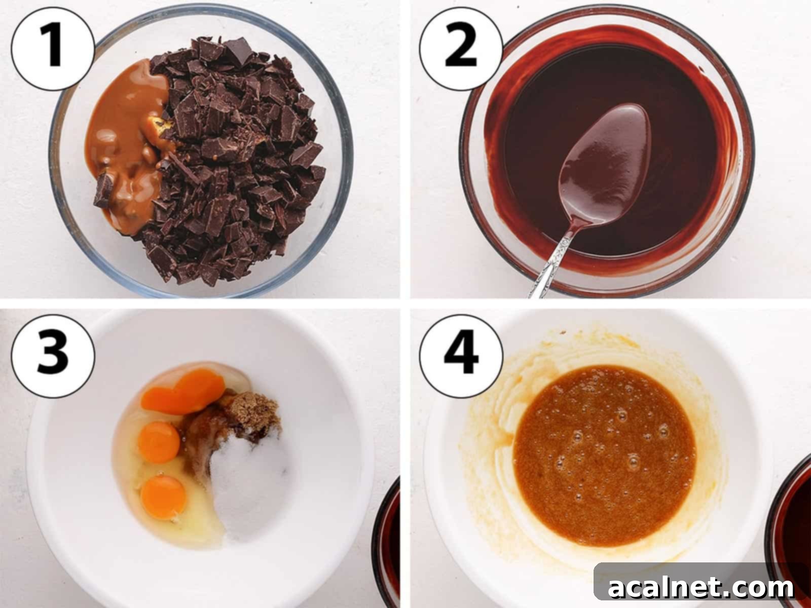 A sequence of four process photos showing the melting of dark chocolate, butter, and Biscoff spread in a bowl, followed by the whisking of eggs with brown and white sugars until light and bubbly.