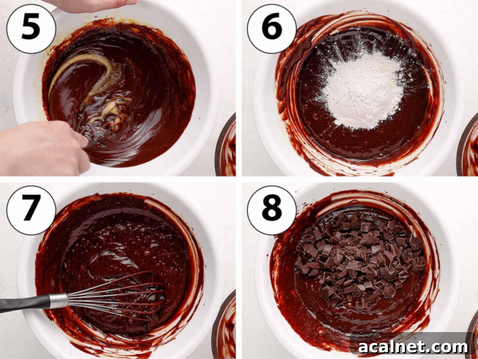 A sequence of four process photos illustrating the combining of wet and dry ingredients: pouring melted chocolate into egg mixture, adding sifted flour and salt, gently mixing the batter, and finally folding in dark chocolate chunks.