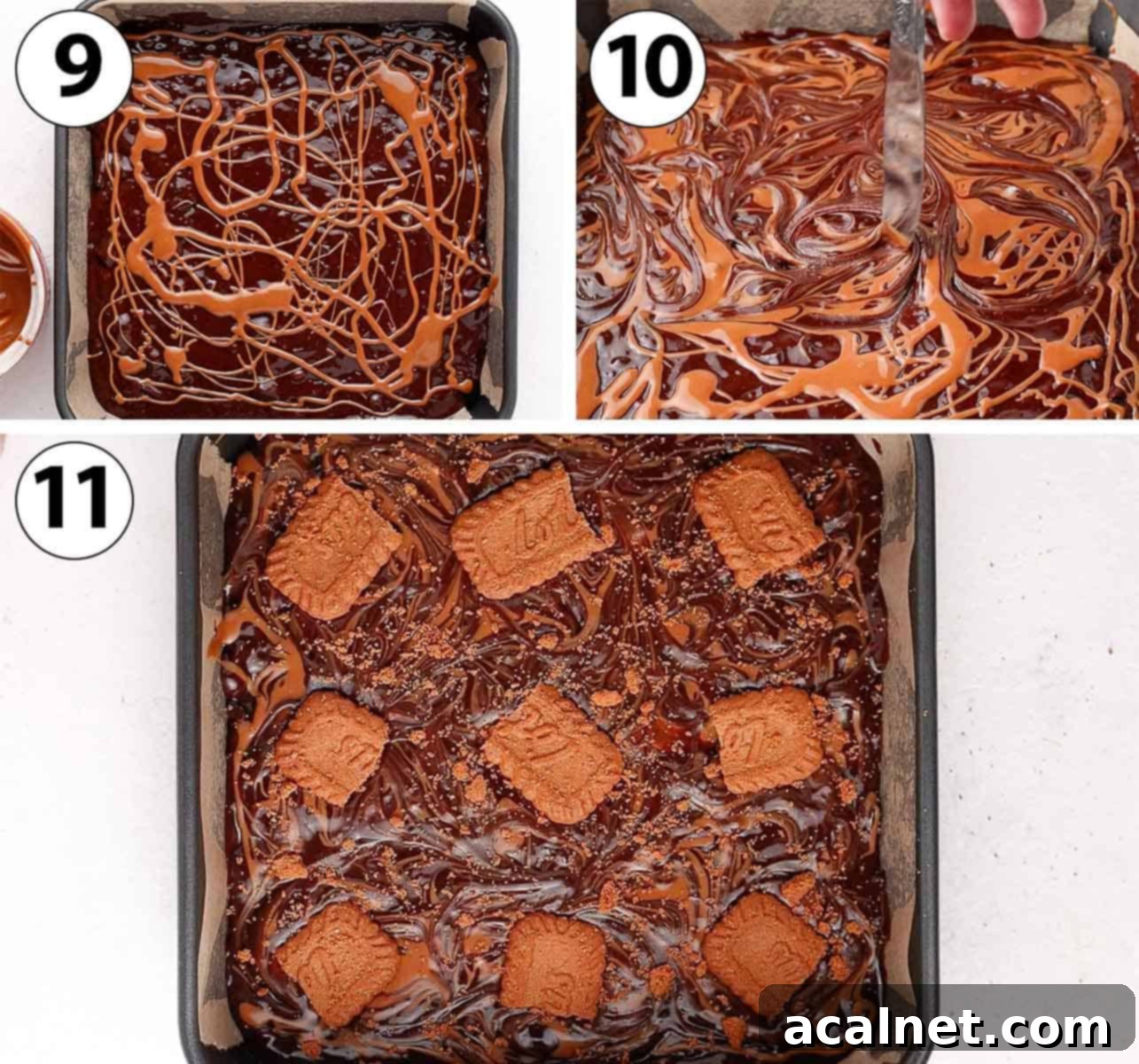 A sequence of three process photos showing Biscoff spread being drizzled over brownie batter in a square pan, then swirled with a knife to create a pattern, and finally topped with halved Biscoff cookies before baking.
