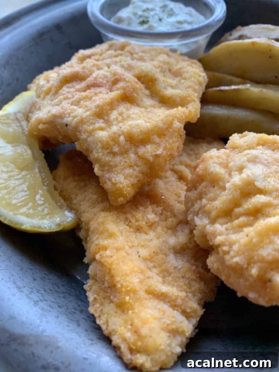 Three pieces of golden-brown fried cod on a metal plate, garnished with lemon wedges, ready to be served.