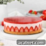 Airy Strawberry Dream Cake 11 Cake on a white plate with a green plant in the background.