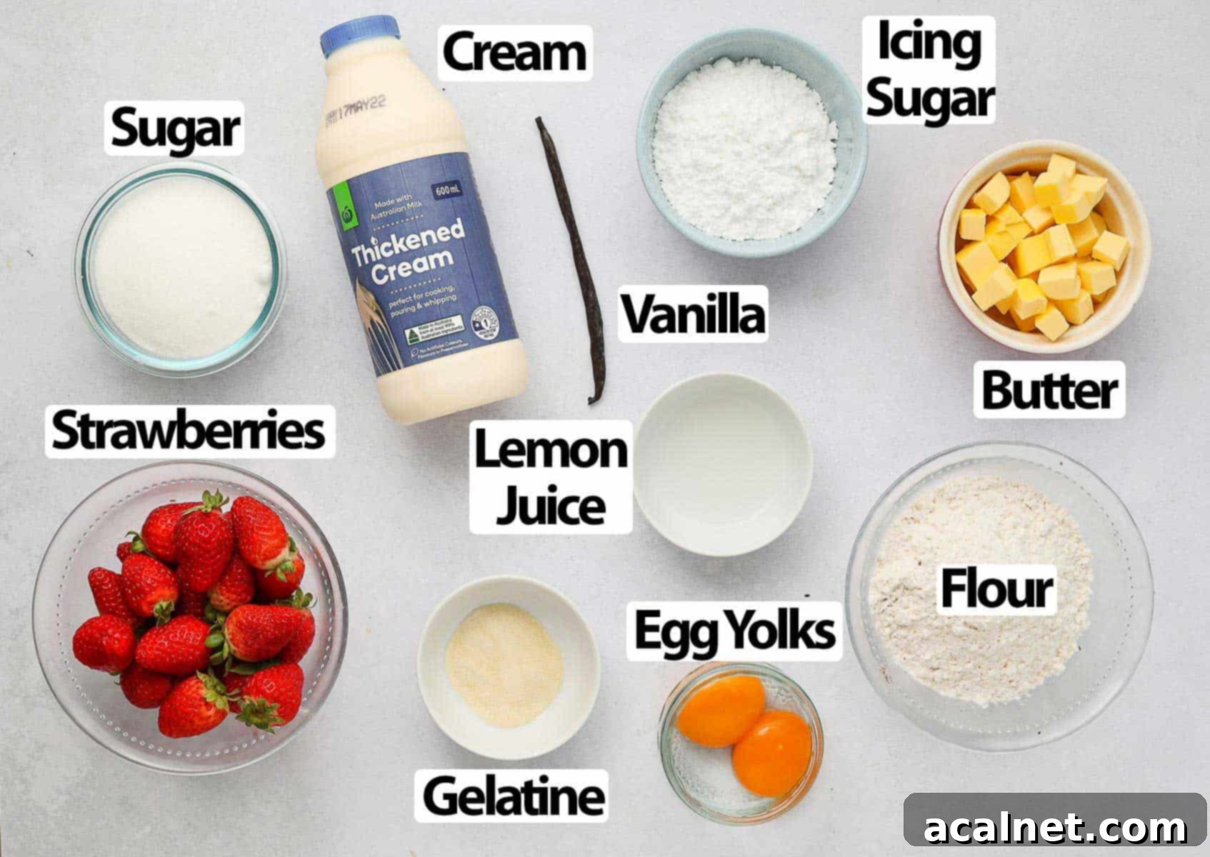 Airy Strawberry Dream Cake 3 Ingredients on a light grey surface.