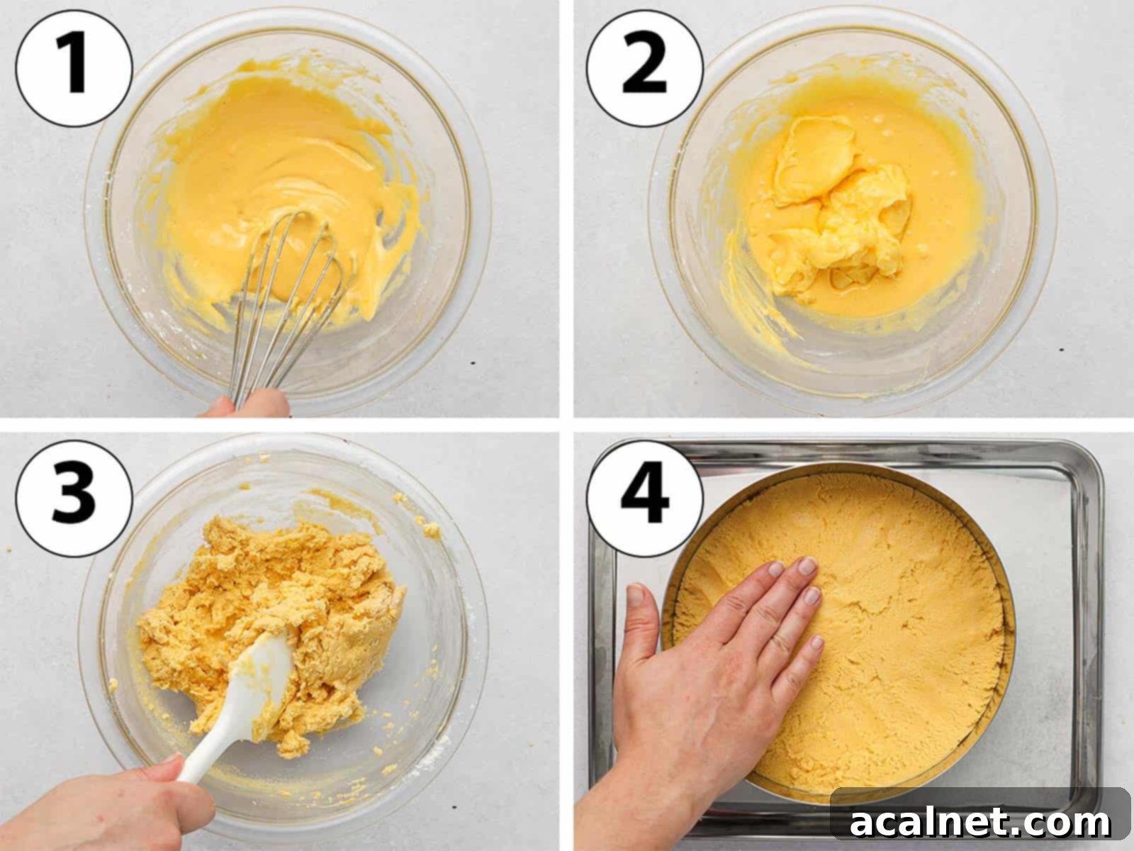 Airy Strawberry Dream Cake 4 Process Shot Collage: making the sable breton crust in a small bowl and pressing it at the bottom of a large pastry ring.