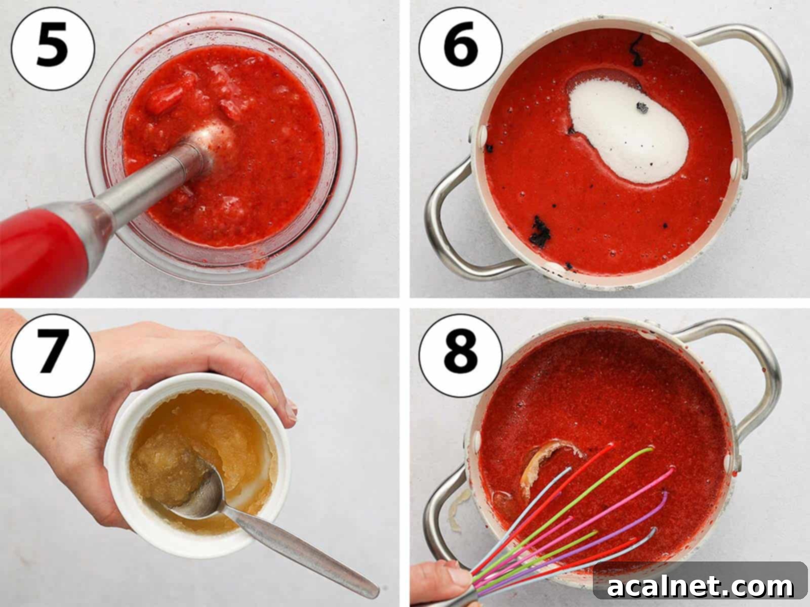 Airy Strawberry Dream Cake 5 Process Shot Collage: heating up the strawberry mixture in a saucepan and mixing in the gelatine.