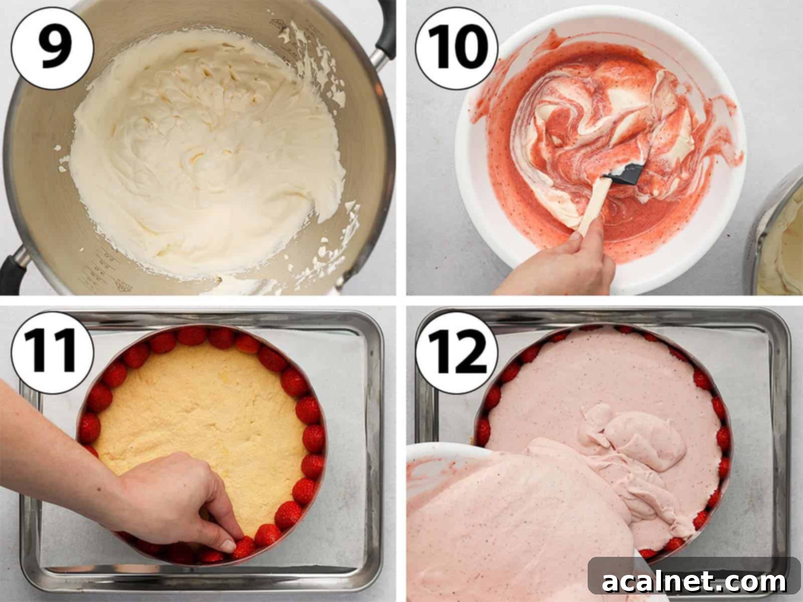 Airy Strawberry Dream Cake 6 Process Shot Collage: folding whipped cream into the strawberry mixture and assembling the bottom of the cake.