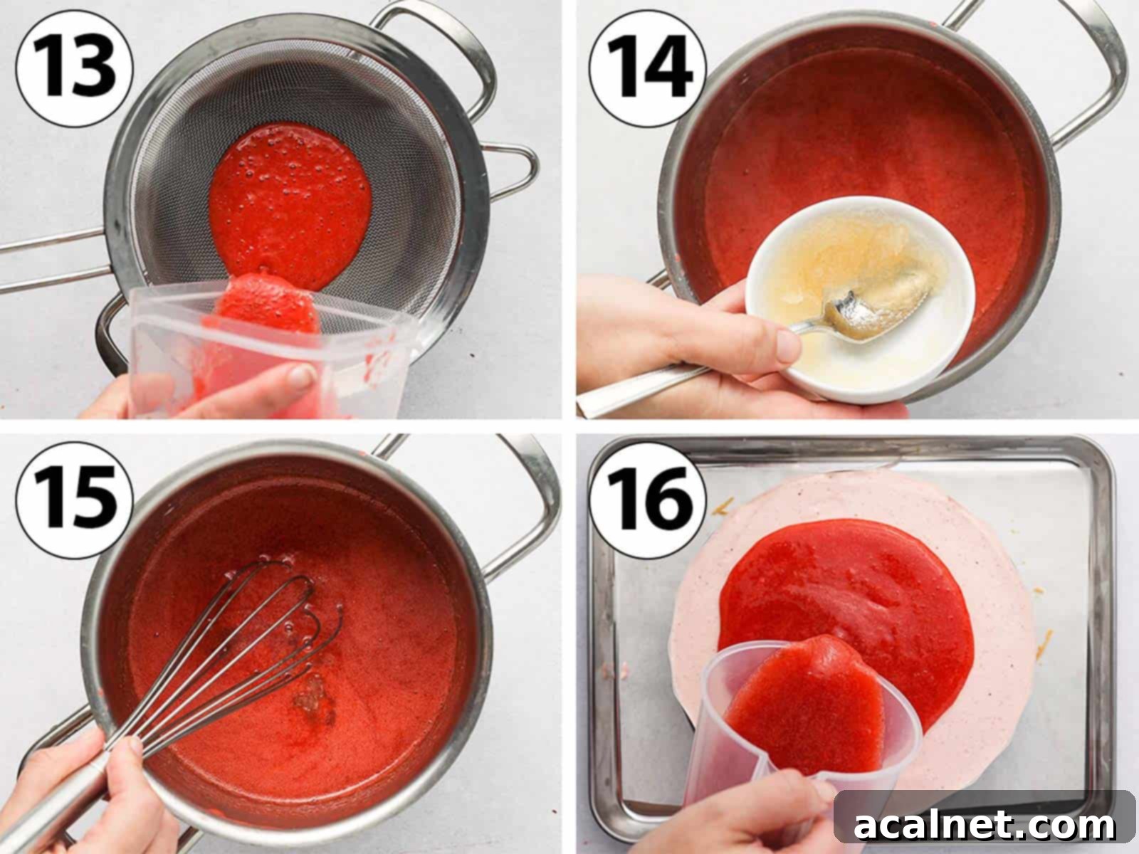 Airy Strawberry Dream Cake 7 Process Shot Collage: making the strawberry jelly topping and pouring it over the chilled mousse filling.